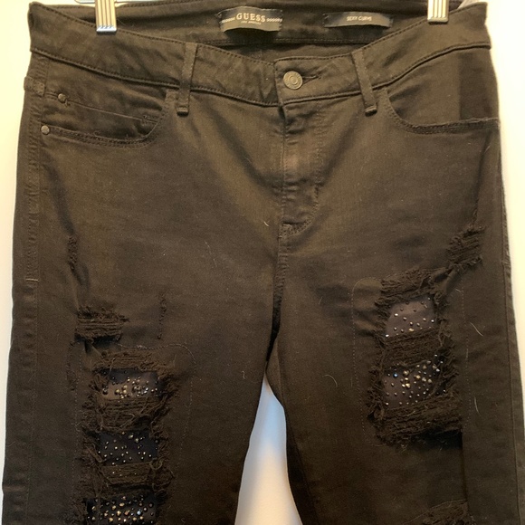 Guess Distressed Jewelled Black Jeans - Picture 1 of 8